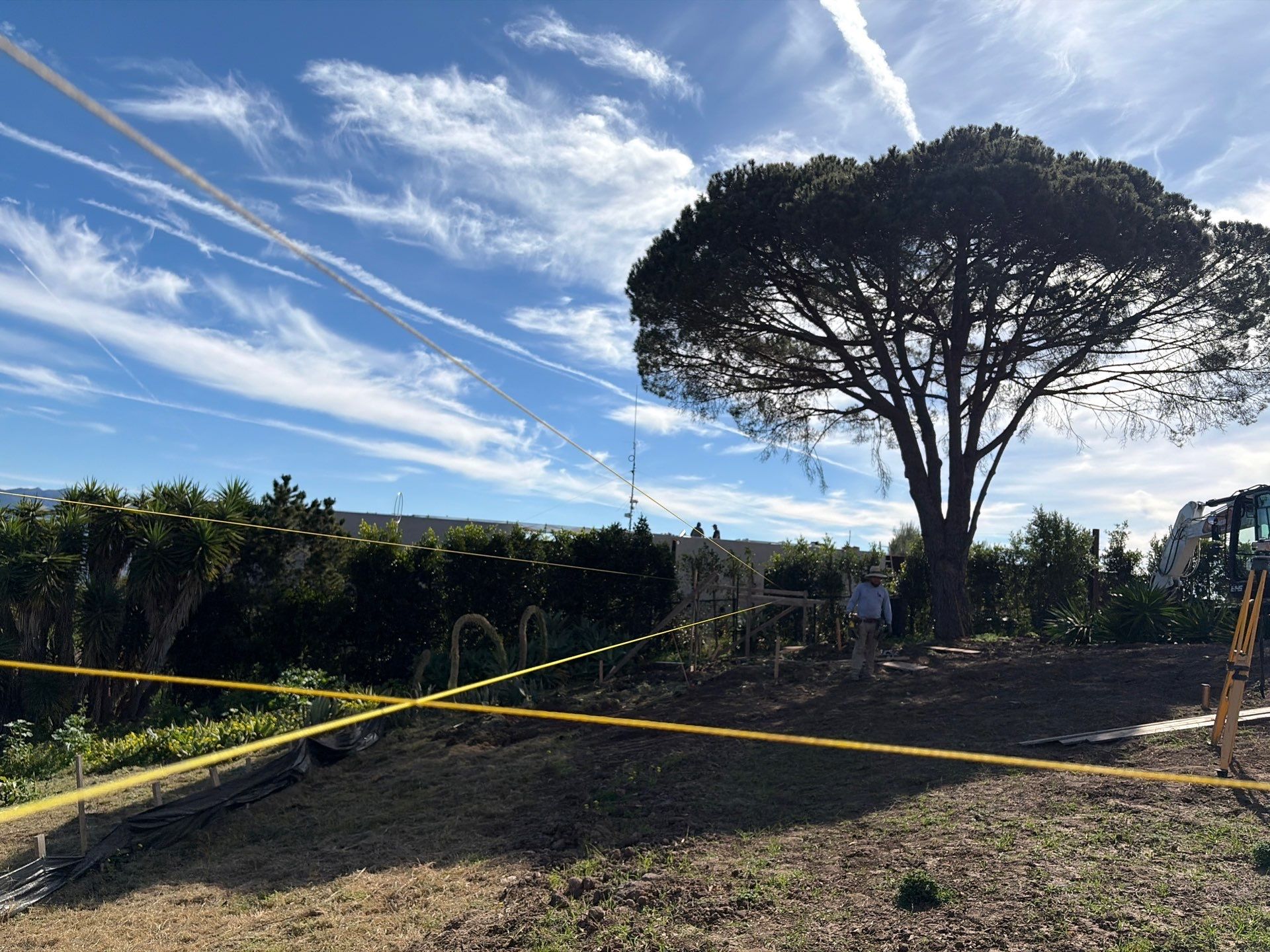 String lines crossing the hillside marking the full retaining wall layout