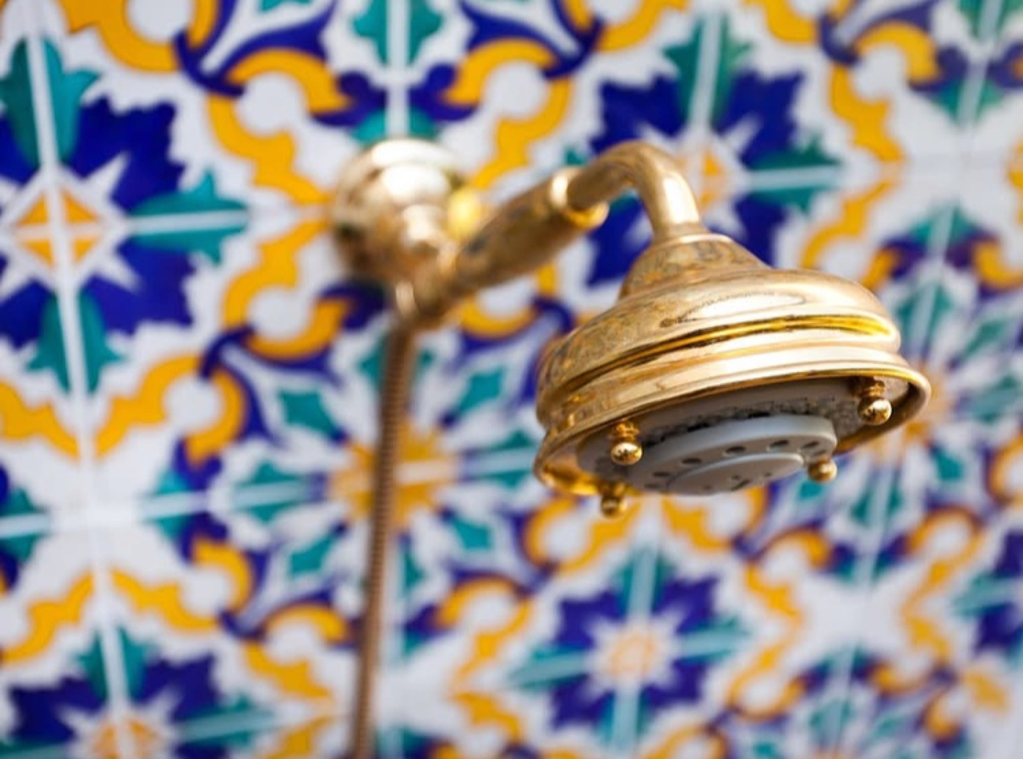 Gold shower head with hand-painted tile