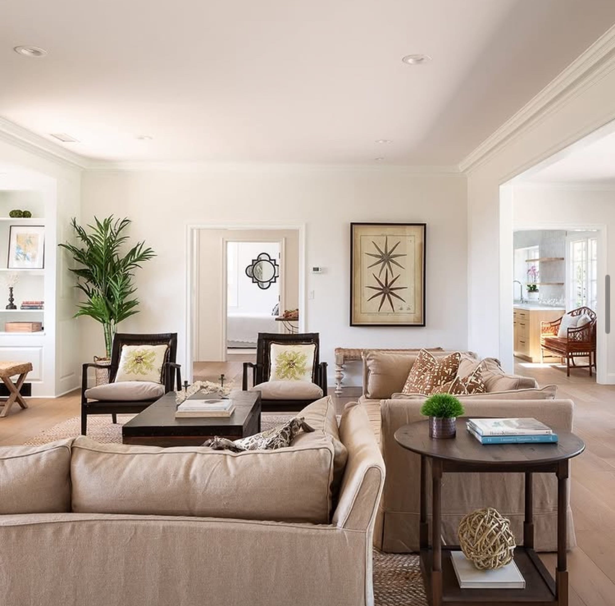 Light-filled living room with built-in shelving